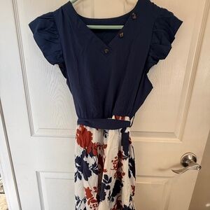 Women’s Navy Floral Dress Tie Waist Ruffle Sleeve Midi Dress